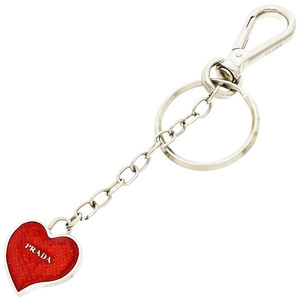  Prada key holder heart motif charm red red silver metal fittings PRADA key ring key hook key bag (12984)