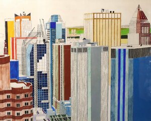 Art hand Auction M.Shizume｢高層ビルの風景｣油彩画 大型額装品 風景画 作者不明, 絵画, 油彩, 自然, 風景画