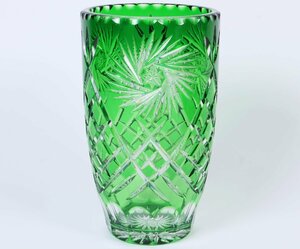 クリスタルガラス グリーン フラワーベース 26cm / 硝子花瓶 花生 カットガラス ボヘミア