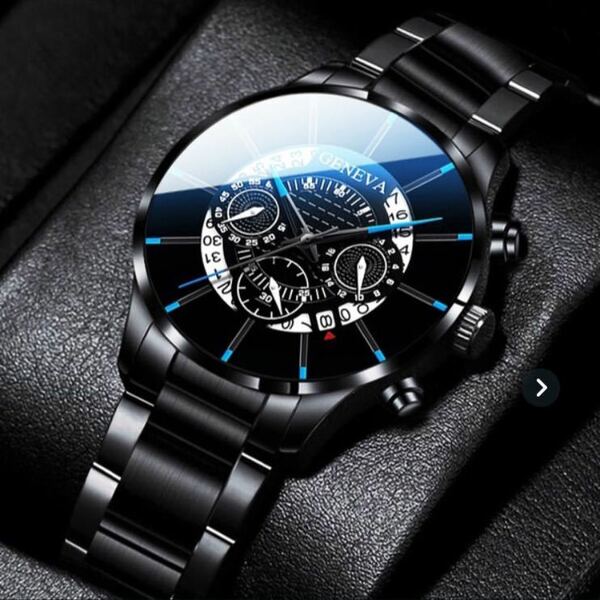 新品 メンズ 腕時計 GENEVA ブラックスチール ブラック&ブルー
