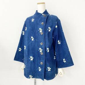♪Ac16《伝統工芸》藍染 藍染め 手織り木綿 花柄ジャケット 春物 羽織 フリーサイズ レディース 和服 民芸品