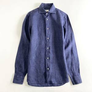 Hc22-17 イタリア製 Maker's Shirt 鎌倉 134 NAPORI リネン 麻100% 長袖シャツ ドレスシャツ ネイビー 無地 14.5/37 M メンズ 清涼感◎ 