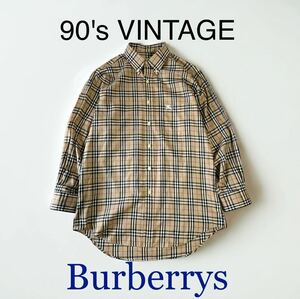 美品 90's VINTAGE Burberrys ノヴァチェック ボタンダウン シャツ 長袖 香港製 90年代 古着 ビンテージ バーバリー トップス 輸入 総柄