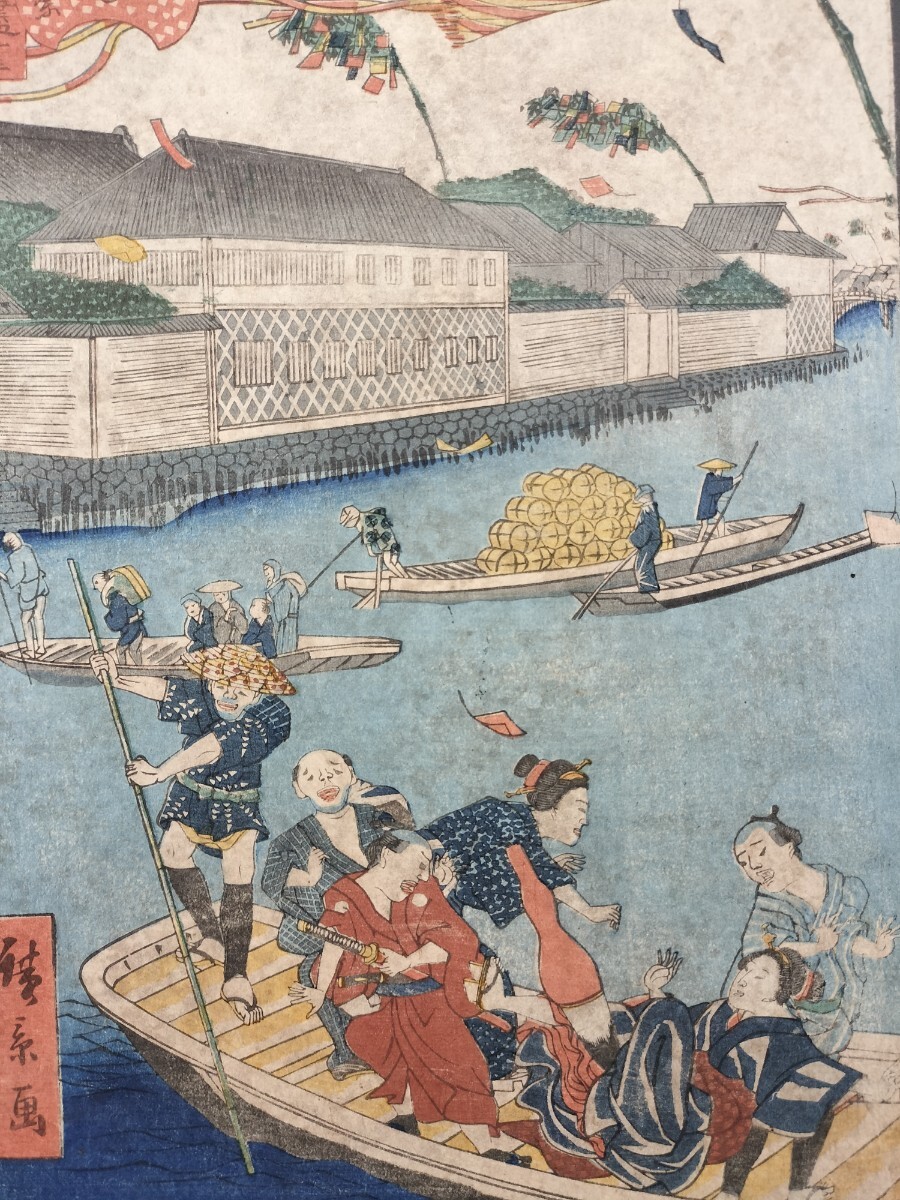 [Trabajo auténtico] ¡Caricatura! Grabado en madera ukiyo-e auténtico Hiroshige Utagawa Lugares famosos de Edo Dogijinshi: Mi festival de Tanabata con armadura Imagen de lugar famoso Nishiki-e de gran tamaño Bien conservado, cuadro, Ukiyo-e, imprimir, foto de lugar famoso