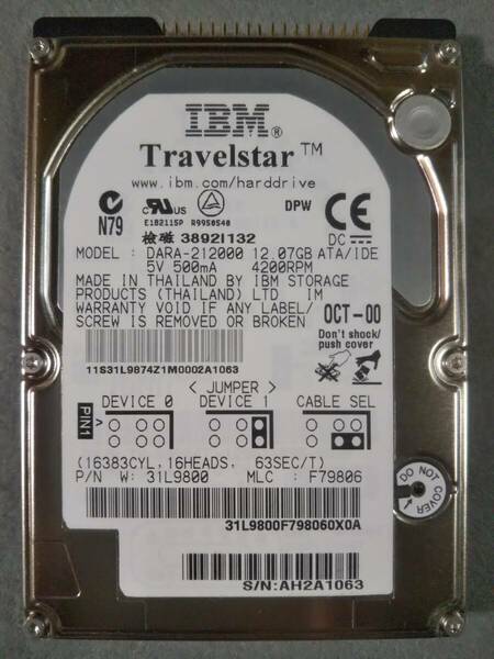 12.07GB IBM DARA-212000 ATA66 2.5インチ 9.5mm IDE ③ 使用時間少