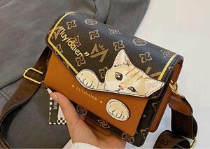 猫柄 ショルダーバッグ ブラウン