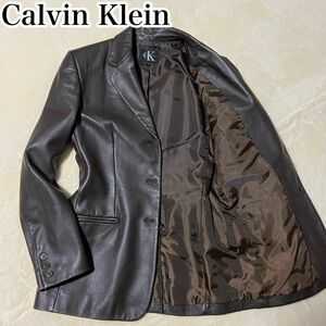 美品　カルバンクライン　ラムレザー　テーラードジャケット　4 ブラウン　CALVIN KLEIN 通勤　上着　アウター　羊革　本革