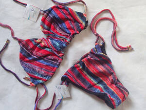 bra42 *[ new goods ] gorgeous b radio-controller Lien triangle bikini blue red length striped pattern reversible blue red black L*