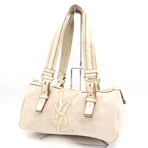 イヴサンローラン YSL YVES SAINT LAURENT アイボリーゴールド キャンバス レザー ハンドバッグ 【xx】【中古】4000001801003911