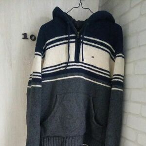 (希少)【ハーフジップ ウールニットパーカー】TOMMY HILFIGER トミーヒルフィガー セーター M マルチカラー