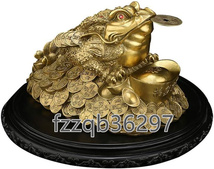 風水装飾品中国の金インゴットお金のカエルの彫像真鍮三本足の富のカエルまたはお金のヒキガエルの置物_画像1