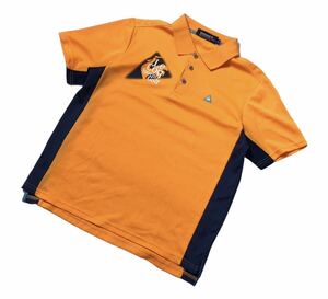 ● le coq sportif GOLF ルコックゴルフ ● ロゴ刺繍 プリント 半袖 ゴルフ ポロシャツ オレンジ×ネイビー M