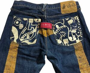 ■ EVISU PARIS エヴィス パリス ユーロモデル ■ lot 5001 オレンジ 大黒 ピカソ ペイント 家紋 ボタンフライ インディゴ デニム 36×34