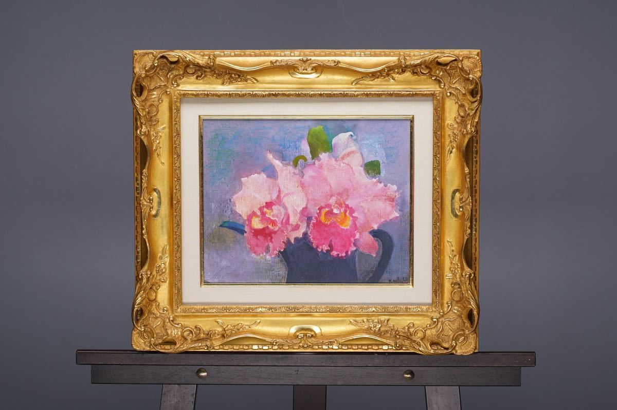 Trabajo genuino de Kaoru Uehashi, Pintura al óleo de orquídeas., Tamaño F3 (27 cm x 22 cm), firmado y avalado, disponible en Galería Arai, en buena condición, Cuadro, Pintura al óleo, Naturaleza muerta
