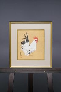 真作 奈良岡正夫「鶏」日本画 画寸(23cmx27cm) サイン・押し印あり 状態良好