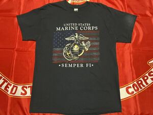 中古　MADE IN USA UNITED STATES MARINE CORPS SEMPER FI アンカー&グローブプリント　コットンTシャツ　GILDAN製　ブラック