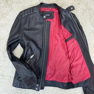 極美品●希少Lサイズ DIESEL レザー ジャケット シングル ライダース ディーゼル 羊革 シープスキン ブラック 黒 裏地赤 チェーン