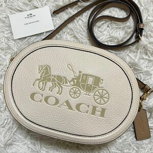 極美品 COACH コーチ ショルダーバッグ 斜め掛け 型押し ラウンド 丸型 レザー 馬車 バイカラー ホワイト イエロー 