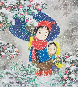 【五】真作 開田風童 『雪椿』 原画 水彩 額装 ／ 人気童画家