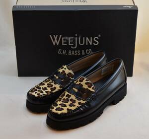 G.H BASS bus light weight rug sole specification Lady's saddle Loafer black leather × Leopard pattern fur US7 23.5-24cm corresponding unused goods 