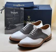 SALE!! トリッカーズ Tricker's　ツートーンサドルシューズ GREY SUEDE×WHITE CALF M7493/L UK8　26.5-27cm 　未使用品　イギリス製_画像1