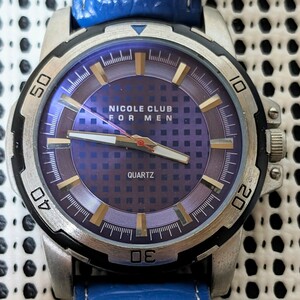 NICOLE CLUB FOR MEN ニコルクラブフォーメン 腕時計 アナログクオーツ 3針 ビッグフェイス 革ベルト 動作品 現状品