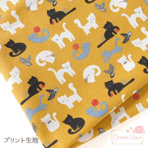 ント 生地　ゆるにゃんこ 猫　からし色 キャンバス地 カット済み クロス　約100×145cm　1枚 2205 2206 cloth-10 当日発送