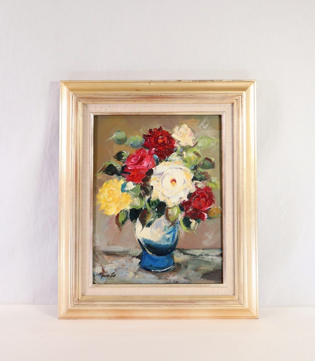 Genuine work by Yoko Yuasa Oil painting Rose Size: 32cm x 41cm F6 Born in Kyoto Prefecture Studied under Yoshiichiro Nishiki, member of the Contemporary Artists Group Executive Committee, Fresh and vibrant roses 8648, Painting, Oil painting, Still life