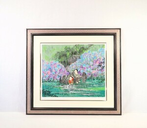 真作 開田風童 シルクスクリーン「あじさいの雨」画53×45cm 福岡県出身 画面いっぱい紫陽花 豊かな四季の自然に囲まれた時代の想い出 8764