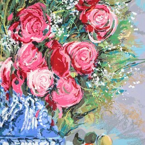 真作 モニーク・ジュルノー シルクスクリーン「Red Roses」画 40×49cm 仏人女流作家 生きる喜びの詰まった幸福の束 エレガントな色彩 8759の画像5