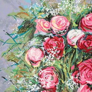 真作 モニーク・ジュルノー シルクスクリーン「Red Roses」画 40×49cm 仏人女流作家 生きる喜びの詰まった幸福の束 エレガントな色彩 8759の画像6