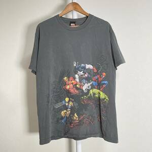 MARVEL マーベル ヒーロー 大集合 Tシャツ アヴェンジャーズ アメコミ プリント フェード グレー