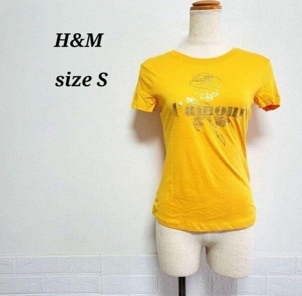 新品　H&M　薔薇プリント　Tシャツ　イエロー　S