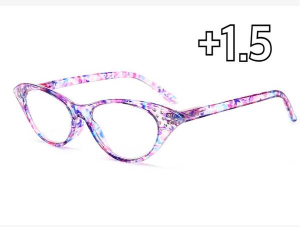 +1 老眼鏡 キャットアイ ラインストーン リーディンググラス シニアグラス 軽量 メガネ 花柄 ピンク