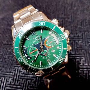 グリーン　メンズ　腕時計　　デイト銀緑クォーツ