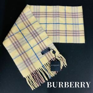 ● 未使用タグ付き BURBERRY バーバリー マフラー イエロー チェック ショール ストール ブランド イングランド ラムズウール 100% 高級