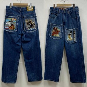 古着 XO JEANS 和柄 刺繍 ストレート デニムパンツ ジッパーフライ W32 L32 パンツ パンツ 32インチ インディゴ / インディゴ 刺繍