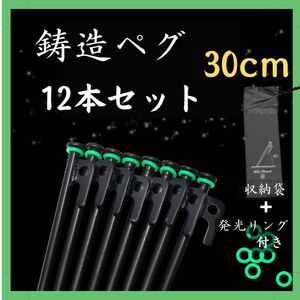 鋳造ペグ　30cm 12本　収納袋 蓄光リング付　スチール　テント　タープ　ペグ　キャンプ　丈夫　強い