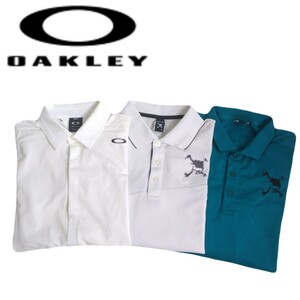 極美品 圧巻 豪華刺繍3点 OAKLEY 吸水速乾 ストレッチ スカルロゴ ビッグロゴ 半袖ポロシャツ メンズL オークリー ゴルフウェア 2403123