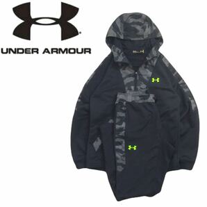 極美品 UNDER ARMOUR カモフラ ストレッチ プルオーバー ジャージ パーカー 上下セット セットアップ メンズM アンダーアーマー 黒 2403228の画像1