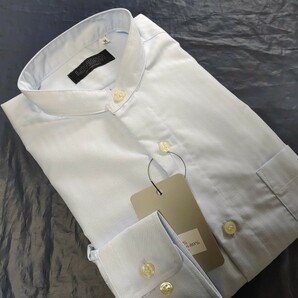 Ｌ寸・新品／日本製・スタンドカラーシャツ■ライトブルー色ヘリンボーンの画像1