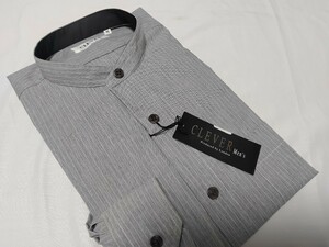 L寸・新品／日本製・スタンドカラーシャツ★グレーストライプ