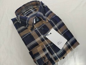 訳あり、春物新品・日本製／チェックBDシャツ●ネイビー×べージュ