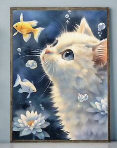 ダイヤモンドアート 金魚 ネコ 白猫