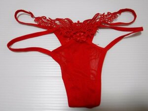 ■未使用■編み刺繍レース真紅メッシュのTバックパンティ M
