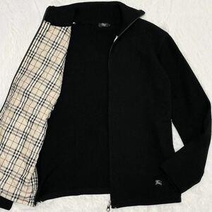 美品！3/L◎ バーバリーブラックレーベル BURBERRY BLACK LABEL ドライバーズニット ジップ 黒 ノバチェック ジャケット ホースロゴ 3750