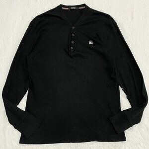 美品/人気L◎ バーバリーブラックレーベル BURBERRY BLACK LABEL 長袖 ポロシャツ ニット ヘンリーネック 黒 ホースロゴ ストライプ 3 3803