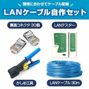 LANケーブル自作セット 貫通コネクタ30個+かしめ工具+LANテスター+CAT6ALANケーブル30m RJ45 8P6P 貫通