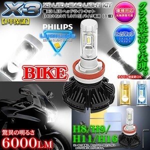 H8/H9/H11/H16 バイク用X3 PHILIPS 6000ルーメンLEDヘッドライトキット25W/6500K車検対応1個