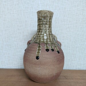 美品 信楽焼 両耳 花入れ 花器 花瓶 流れ釉 鶴首 高さ22.5 直径14 口径4cm 質量1064g 骨董 陶器 共箱なし コレクター放出品 インテリア